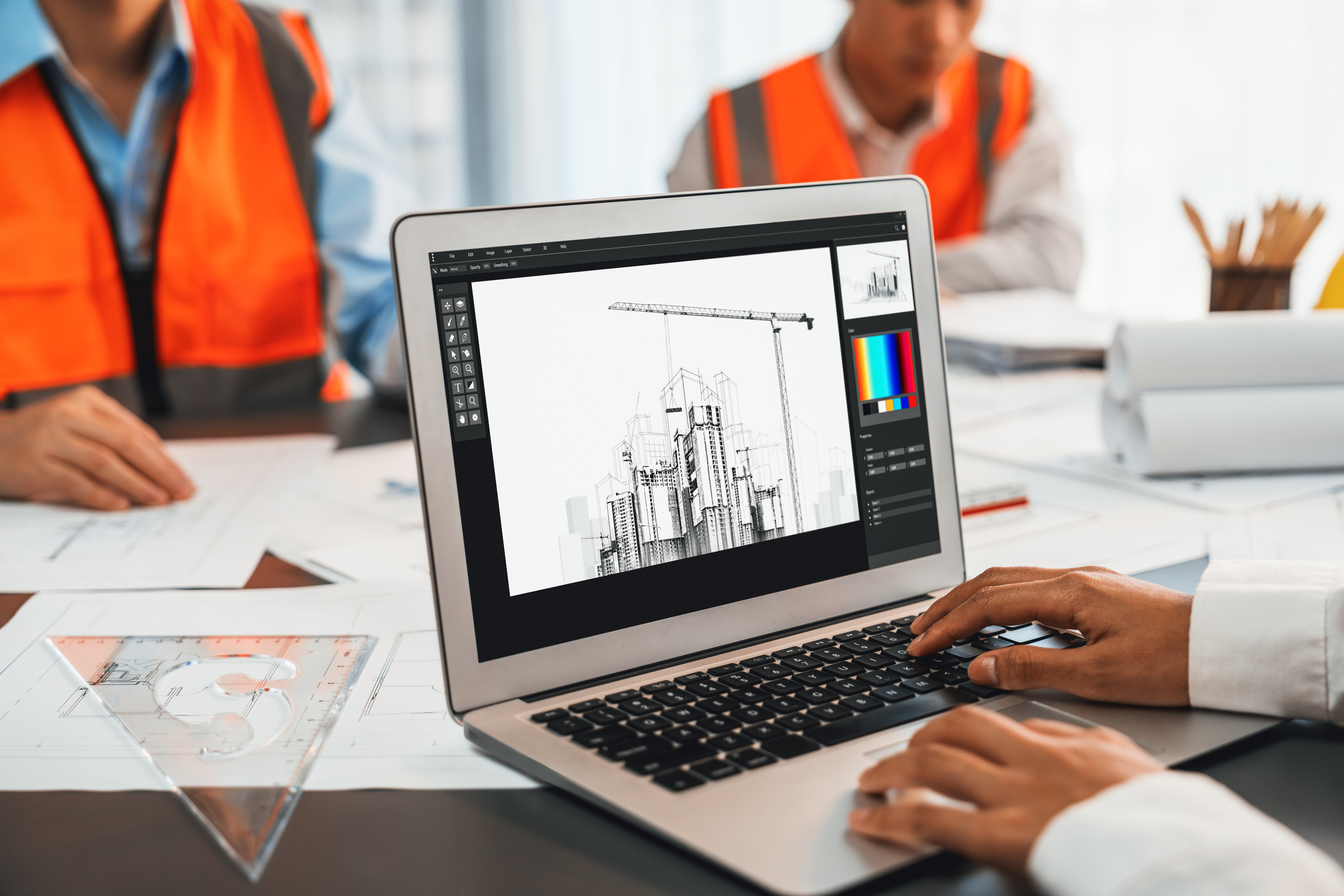 Architect working on designs on his laptop