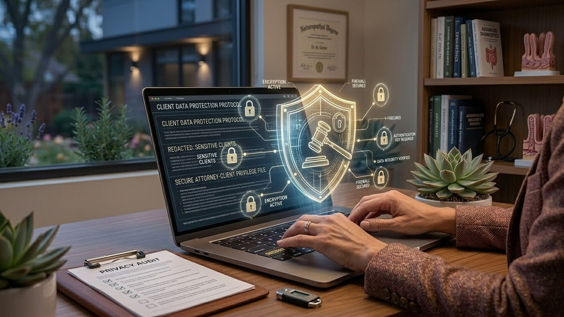 Close-up of hands typing on laptop with digital lock icons - shield overlay