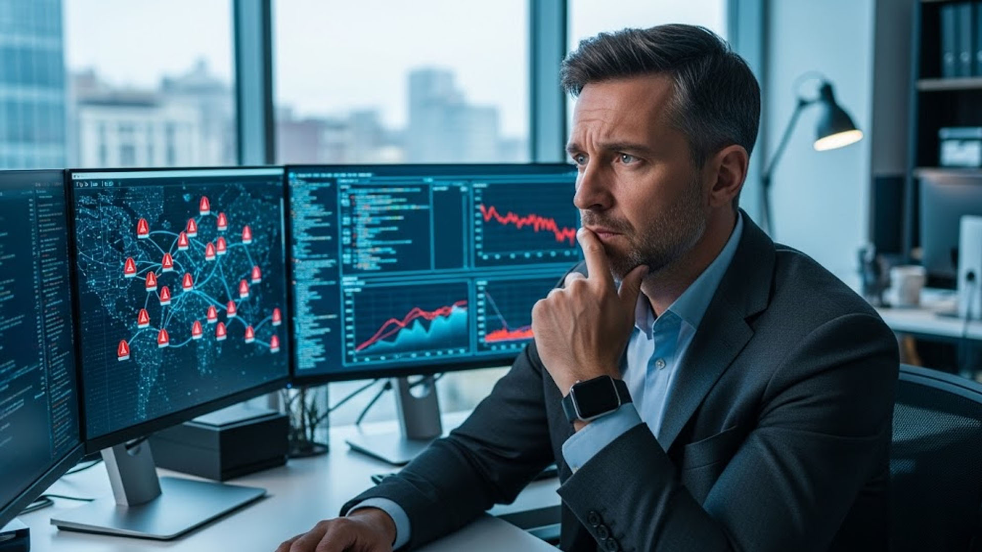 Issaquah business owner reviewing IT systems and security dashboard